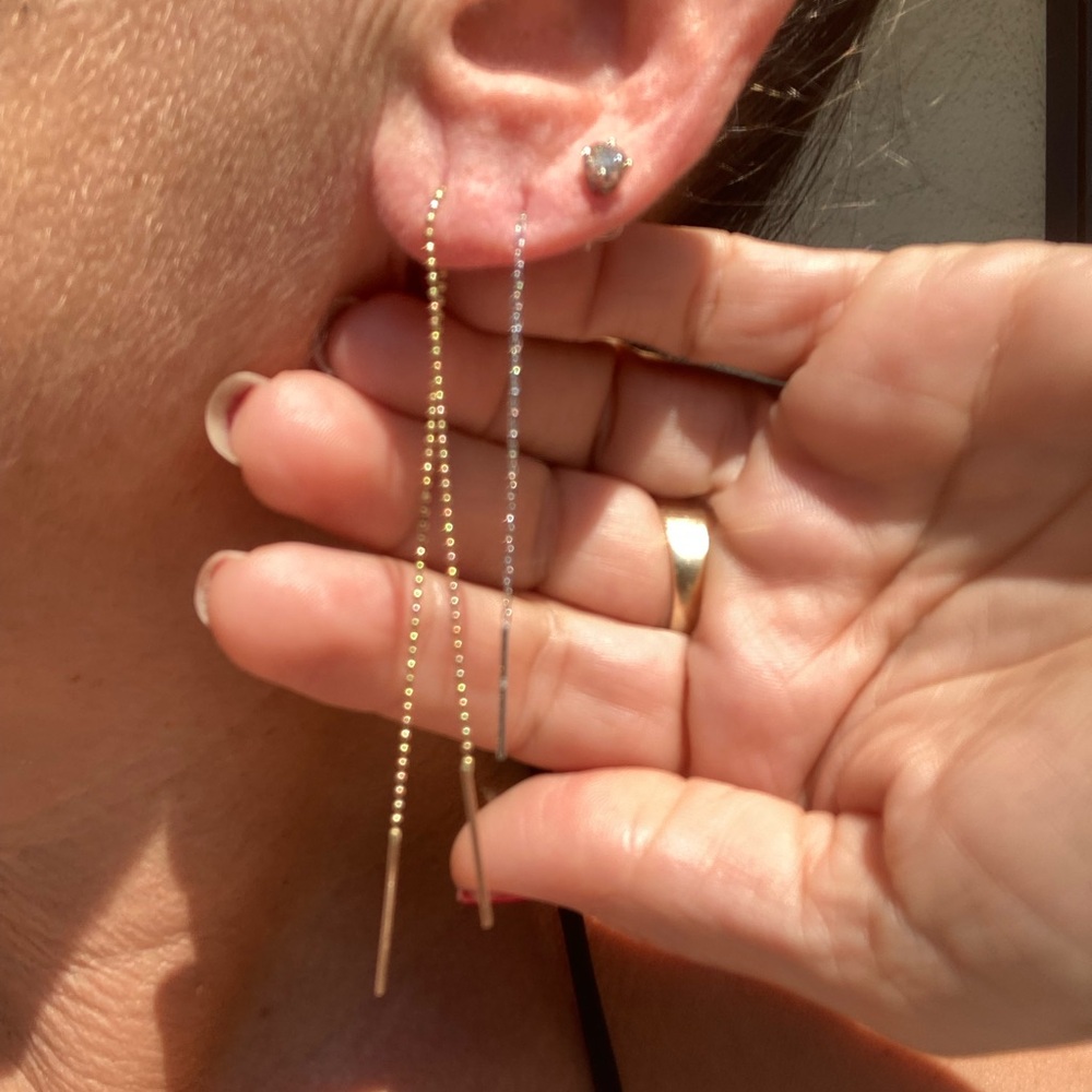 $1250 Simple Real 14k White Gold Threader Drop Earrings Minimal Jewelry
